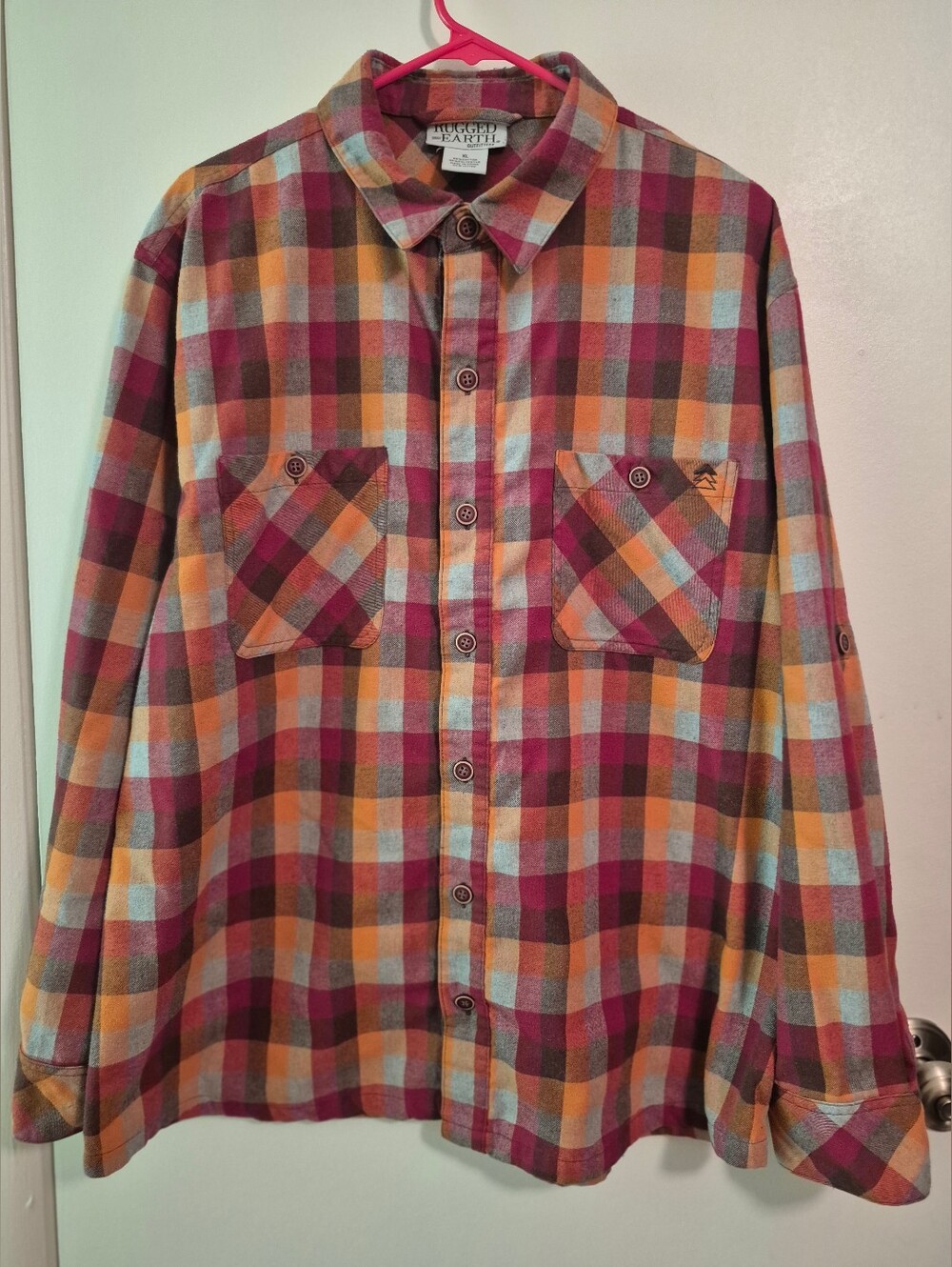 Men's Rugged Earth Outfitters Plaid Button-Up Shirt in Burgundy & Orange
